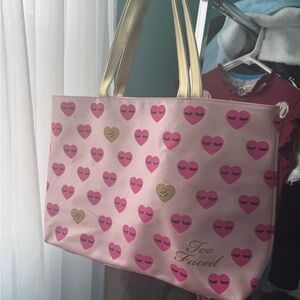 Too Faced Pink and Gold Heart Tote Bag